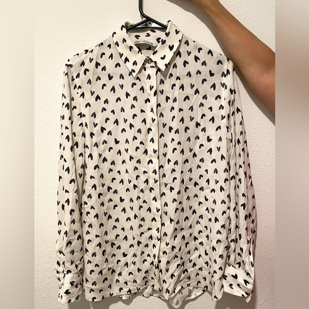 Heart Print Button-Up Blouse - White and Black
